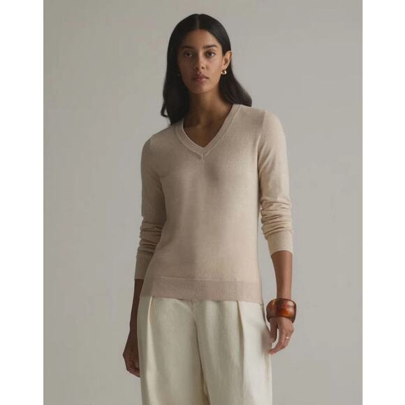 Quince Sweater Pink Organic Cotton Cashmere Thin Knit V Neck Comfy Casual L - Picture 1 of 5